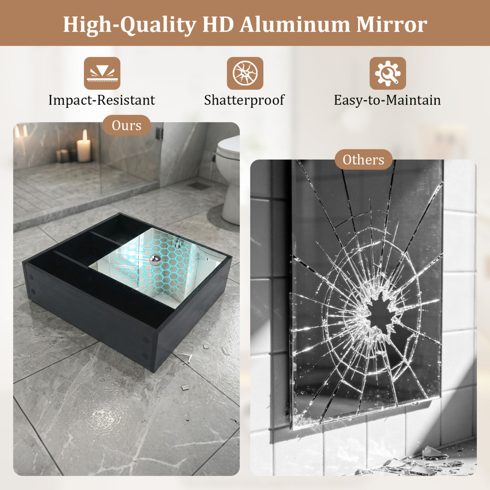Wall-mounted black mirror cabinet featuring a high-quality HD aluminum mirror, two hidden shelves, and three open compartments.