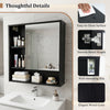 Close-up view of the wall-mounted black mirror cabinet showcasing smooth metal hinges and an easy-to-clean surface for maintenance.