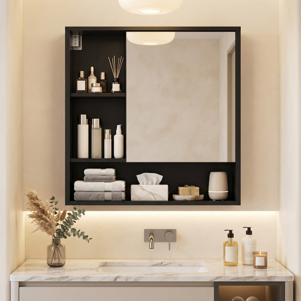 Wall-mounted black mirror cabinet features 2 hidden shelves and 3 open compartments for organized bathroom essentials.