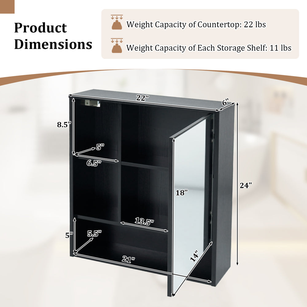 Wall-mounted black mirror cabinet featuring 2 hidden shelves and 3 open compartments for organized bathroom storage.