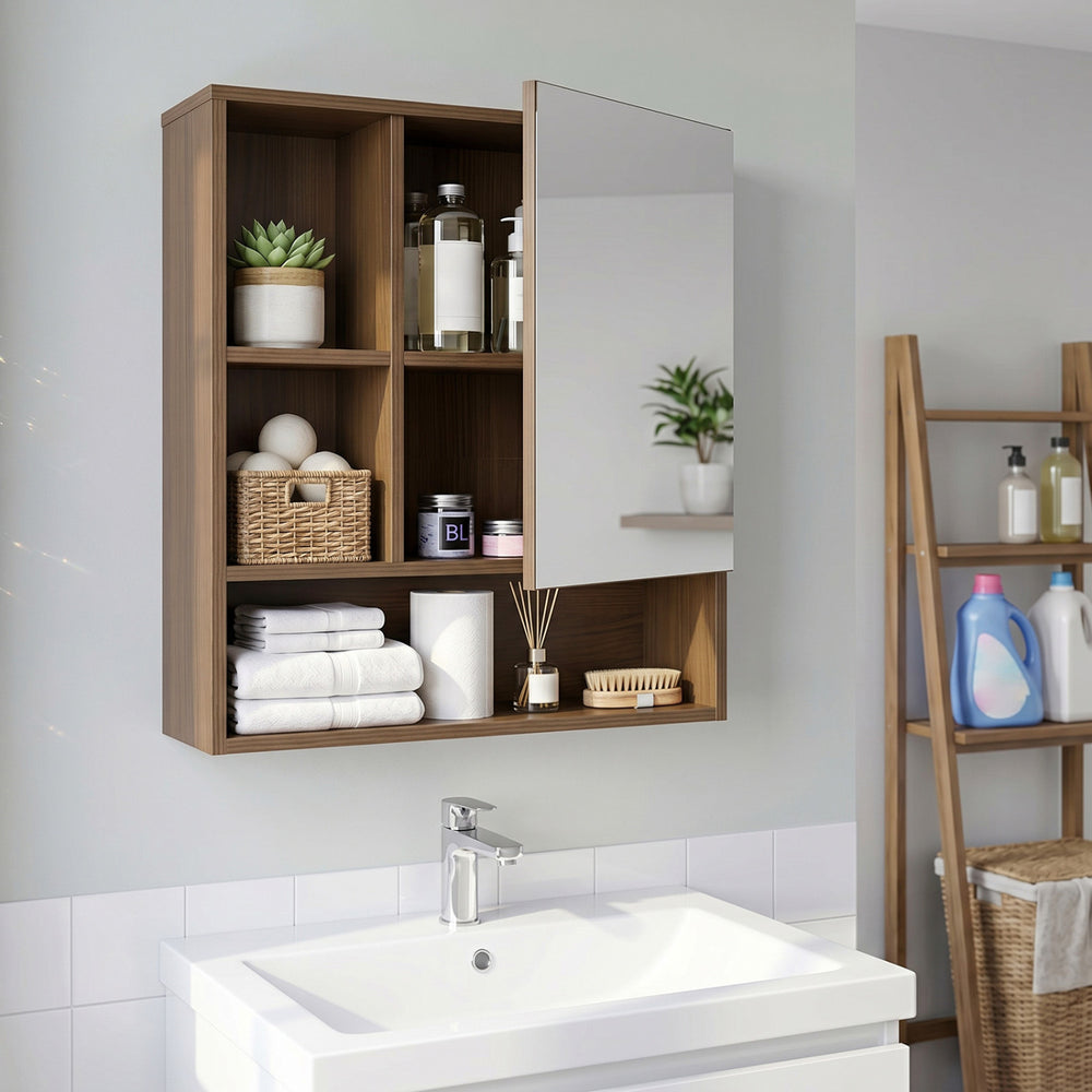 Wall-Mounted Mirror Cabinet with 2 Hidden Shelves and 3 Open Compartments-Walnut - Gallery View 1 of 10