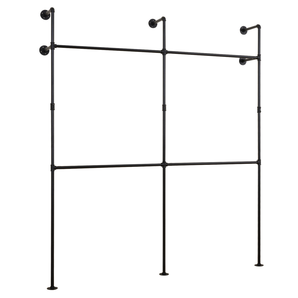 Wall-mounted black pipe clothing rack with 4 hanging rods, designed for durable organization in closets or retail.