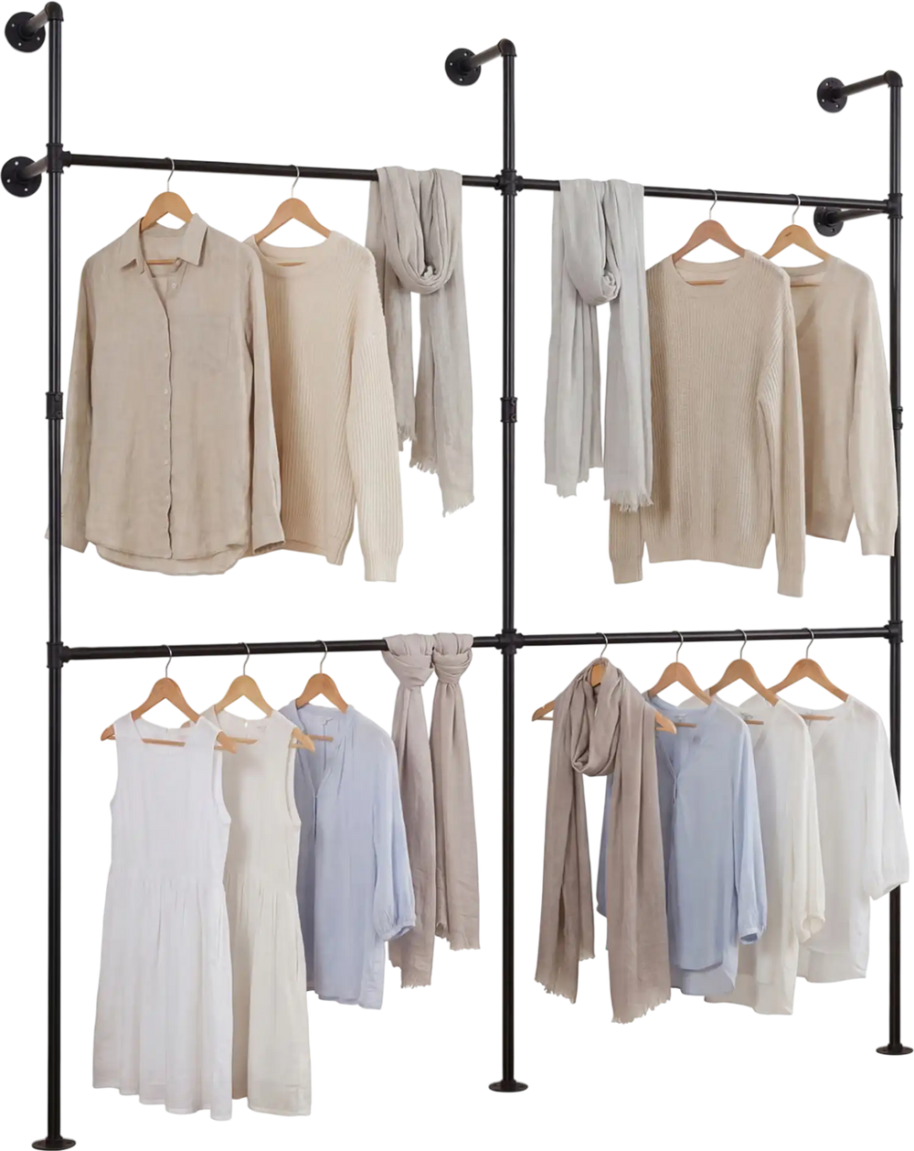Wall-mounted black clothing rack with four hanging rods, featuring a double-tier design for organized apparel storage.