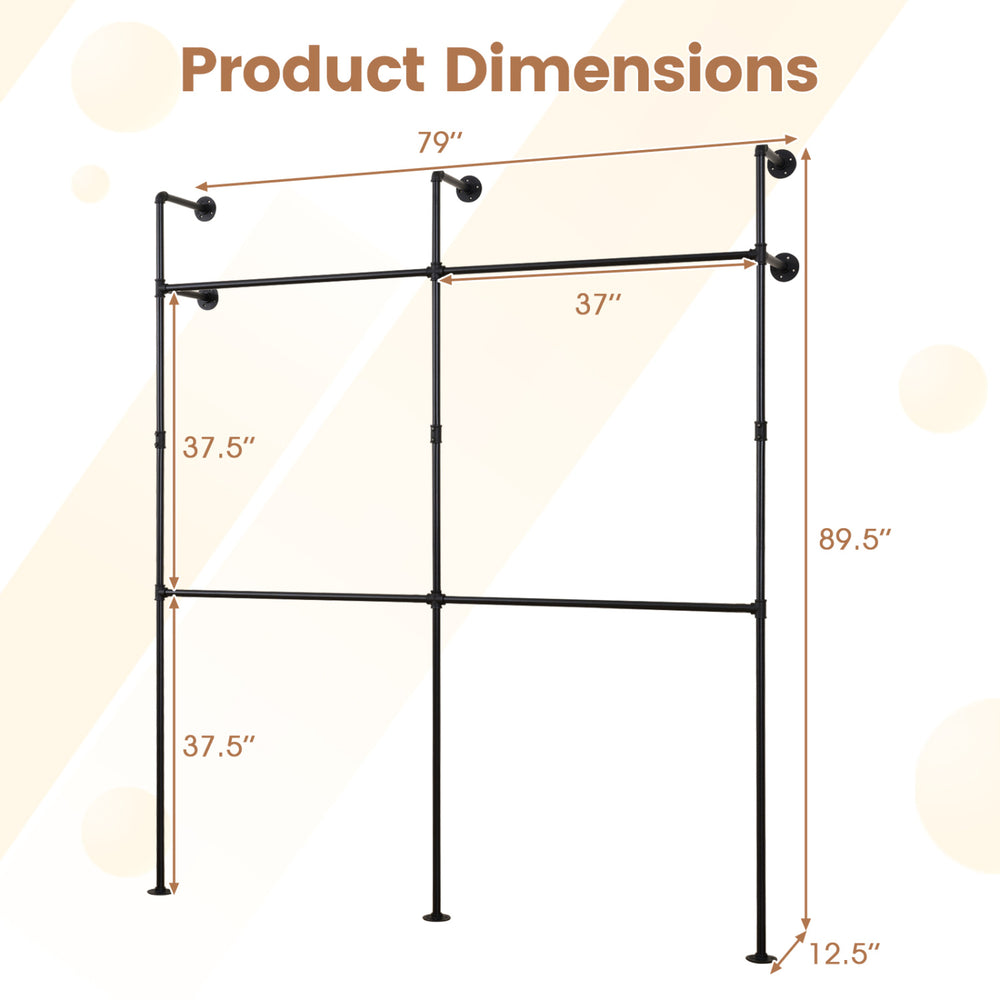 Wall-mounted pipe clothing rack dimensions showing 4 hanging rods, black finish, designed for durability and.