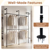 Wall-mounted black clothing rack with four hanging rods, featuring tool-free connections and durable SPCC pipes for.