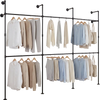 Wall-mounted black clothing rack with 6 hanging rods, featuring a double-tier design for organized storage in closets.