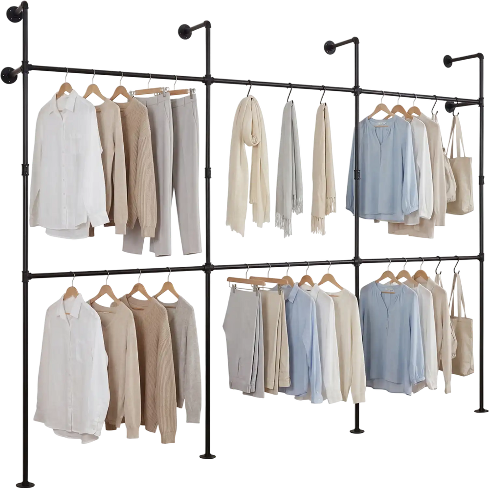 Wall-mounted black clothing rack with 6 hanging rods, featuring a double-tier design for organized storage in closets.
