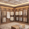 Wall-mounted black clothing rack with 6 hanging rods, showcasing organized coats and dresses in a stylish closet.