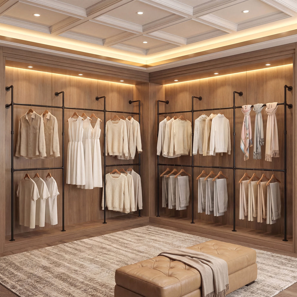 Wall-mounted black clothing rack with 6 hanging rods, showcasing organized coats and dresses in a stylish closet.