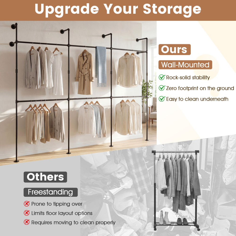 Wall-mounted black clothing rack with 6 hanging rods, designed for durability and space-saving in closets or retail.