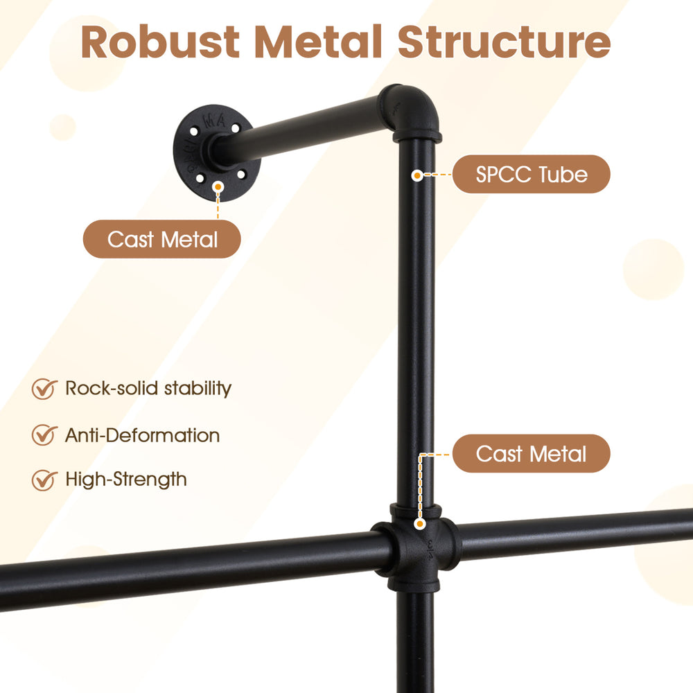 Wall-mounted black clothing rack showcasing robust metal structure with SPCC tubes for high-strength and durability.