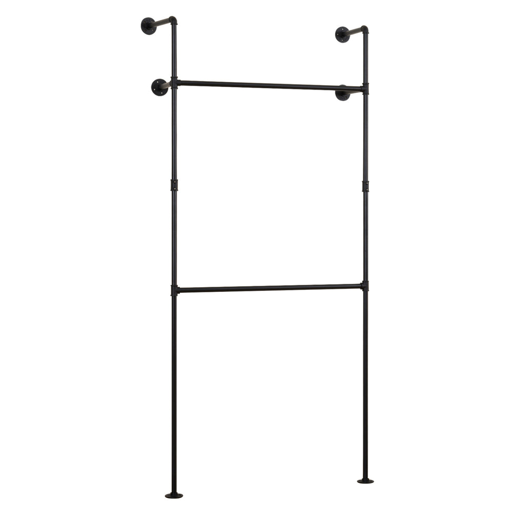 Wall-mounted black clothing rack with two hanging rods, designed for durable organization in closets or retail displays.