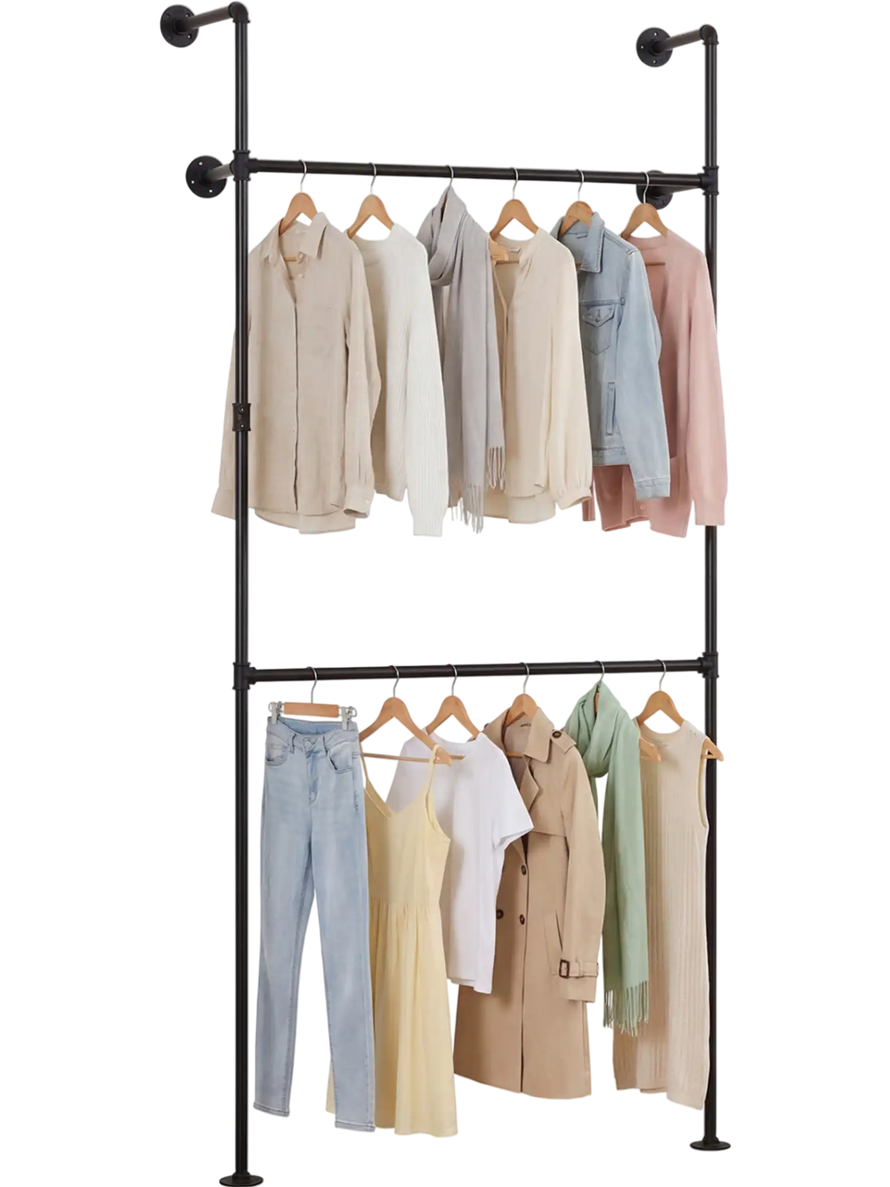 Wall-mounted black clothing rack with two hanging rods, featuring coats and dresses for organized storage in small.