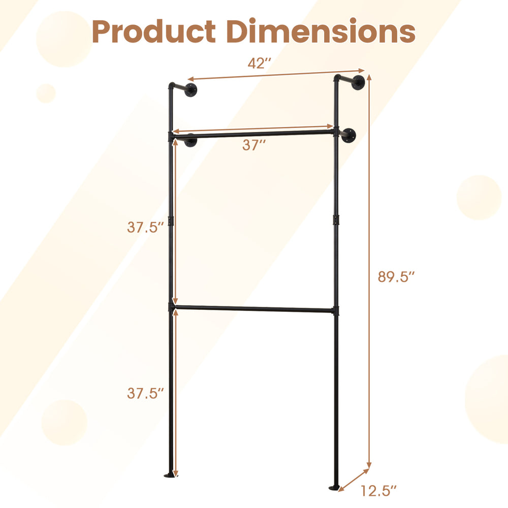 Wall-mounted black clothing rack dimensions with double-tier design, supporting up to 45 lbs for organized storage.