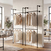 Wall-mounted black pipe clothing rack with two hanging rods, featuring a double-tier design for organized storage.