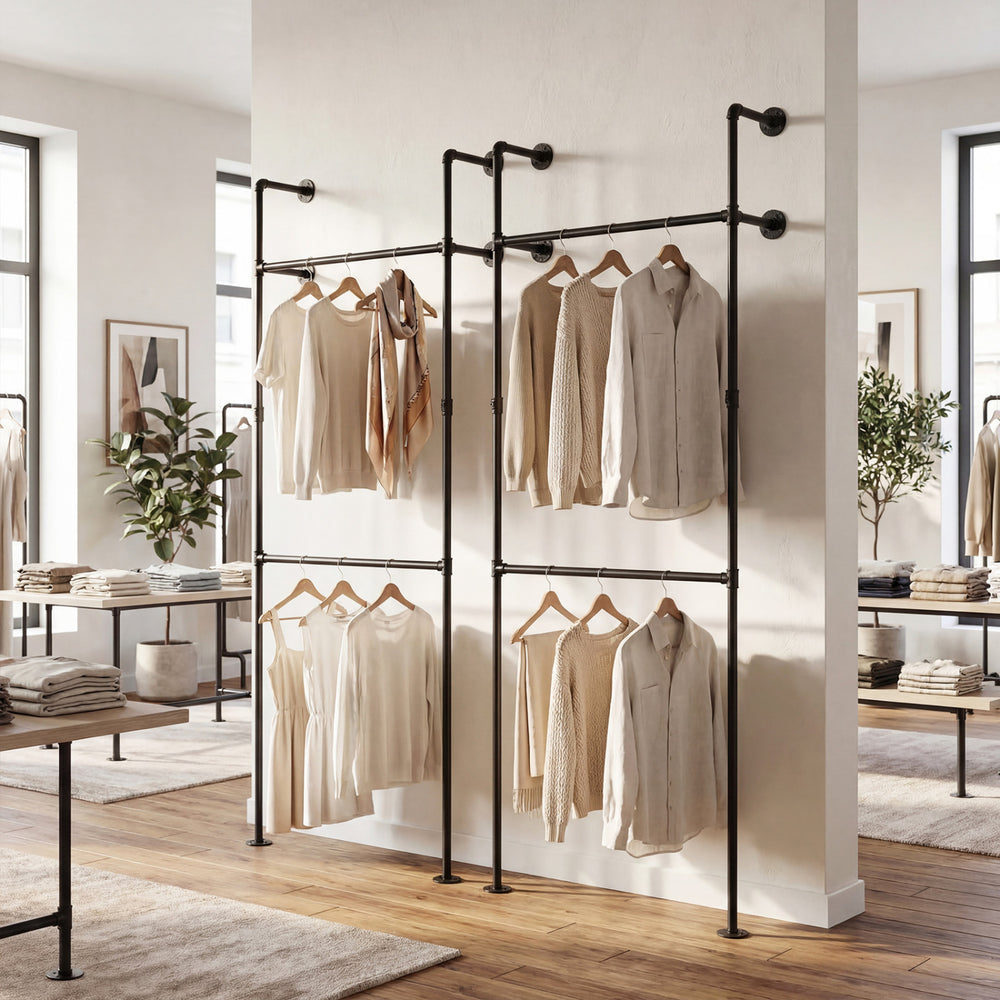 Wall-mounted black pipe clothing rack with two hanging rods, featuring a double-tier design for organized storage.