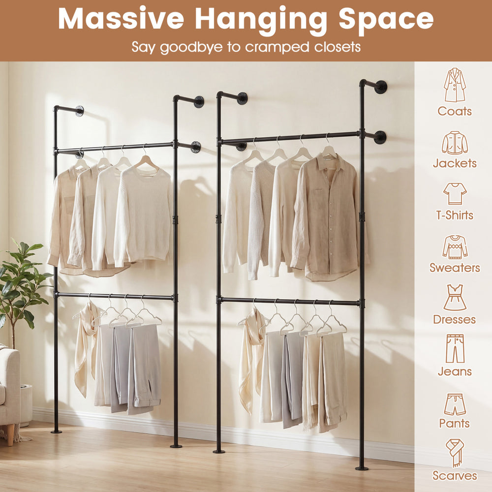Wall-mounted black clothing rack with double-tier design, ideal for organizing coats, shirts, and dresses in tight.