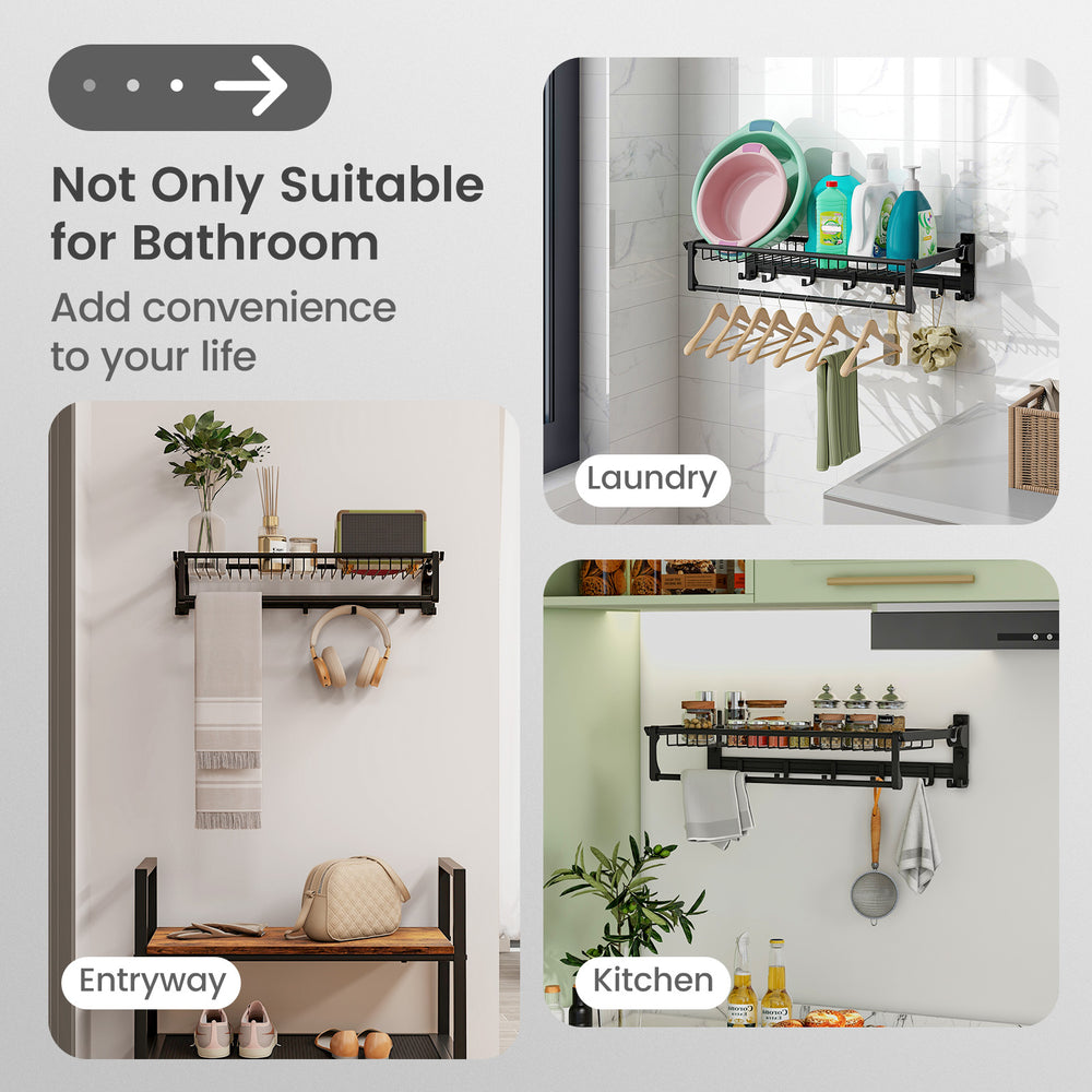 Wall mounted towel shelf with adjustable towel bar and movable hooks, made of space aluminum for bathroom and laundry.