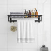 Wall mounted towel shelf in black with adjustable towel bar, storage basket, and movable hooks for bathroom.