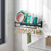 Wall mounted towel shelf with adjustable towel bar, featuring storage basket, hooks, and a sleek black finish for.