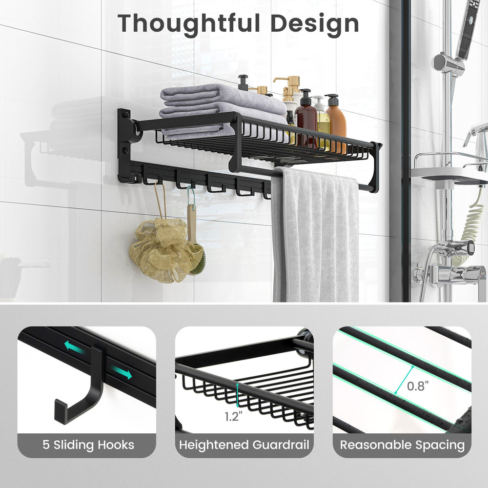 Wall mounted towel shelf in black with adjustable towel bar and movable hooks, perfect for bathroom storage.