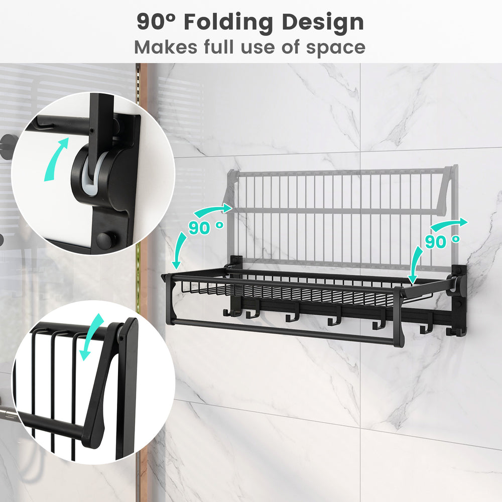Wall mounted towel shelf in space aluminum with adjustable towel bar and movable hooks, perfect for bathroom.