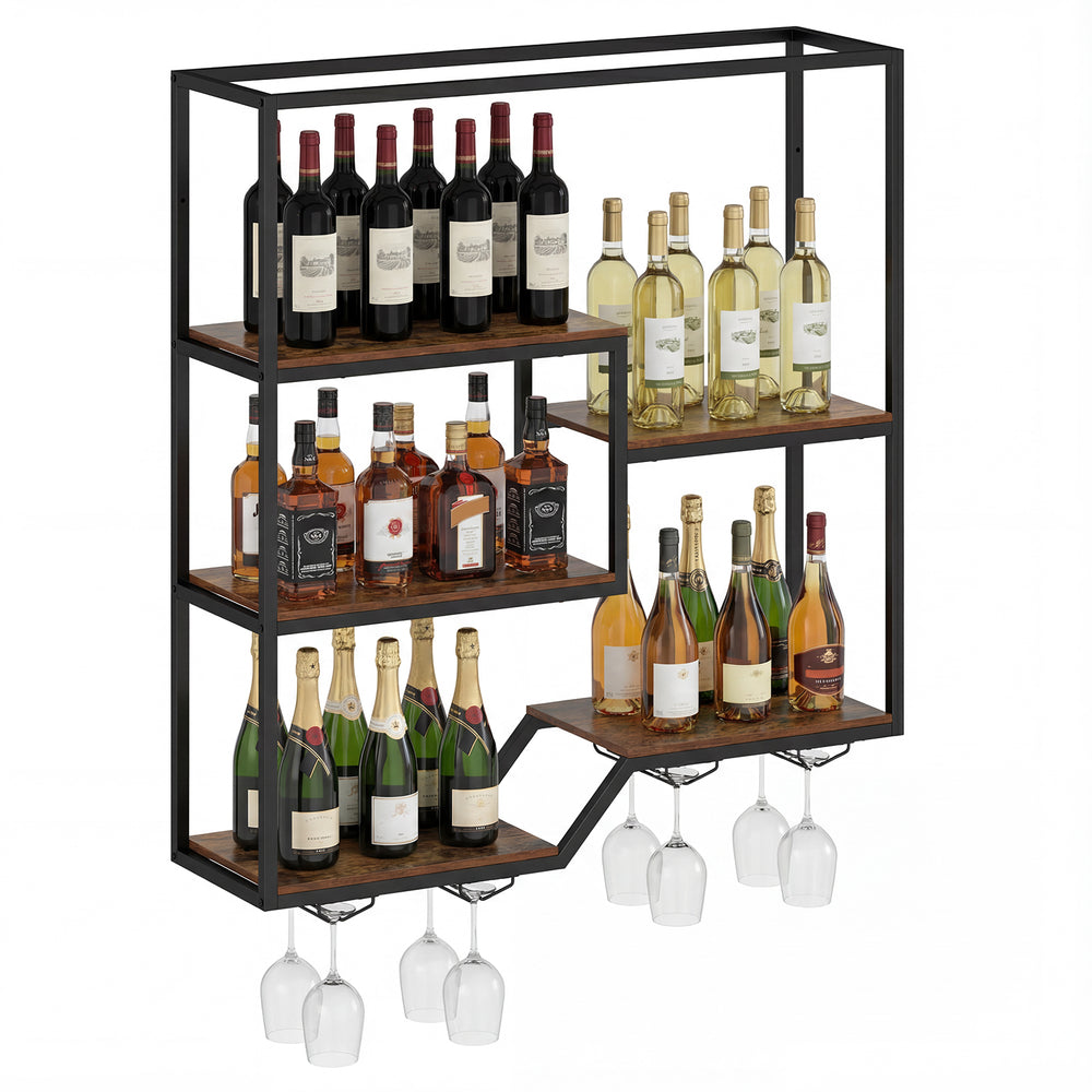 Wall mounted wine rack with rustic brown shelves, featuring 6 tiers for bottles and 4 racks for 16 wine glasses.