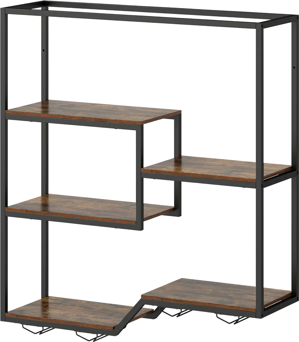 Wall-mounted wine rack with rustic brown shelves, featuring 6 staggered tiers and space for 16 wine glasses.