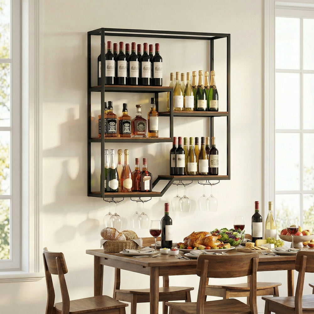 6-tier wall-mounted wine rack in rustic brown, featuring bottle display shelves and glass holder for home bars.