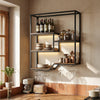 Wall-mounted 6-tier wine rack in rustic brown, featuring bottle display and glass holder for home bars and dining areas.