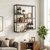 Wall-mounted wine rack in rustic brown with 6 shelves, glass holder, and sturdy metal frame for home bars or dining.