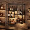 Wall-mounted 6-tier wine rack in rustic brown with metal frame, displaying bottles and holding up to 16 wine glasses.