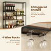 Wall-mounted wine rack featuring 6 staggered shelves and 4 wine racks for 16 glasses, ideal for home bars and dining.