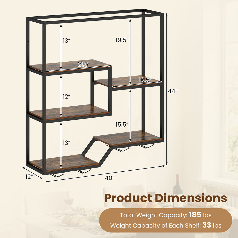 6-tier wall-mounted wine rack in rustic brown with metal frame, designed for wine bottles and glass storage.