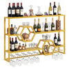 Wall-mounted wine rack with gold finish, featuring 3 shelves and honeycomb cubbies for stylish storage and display.