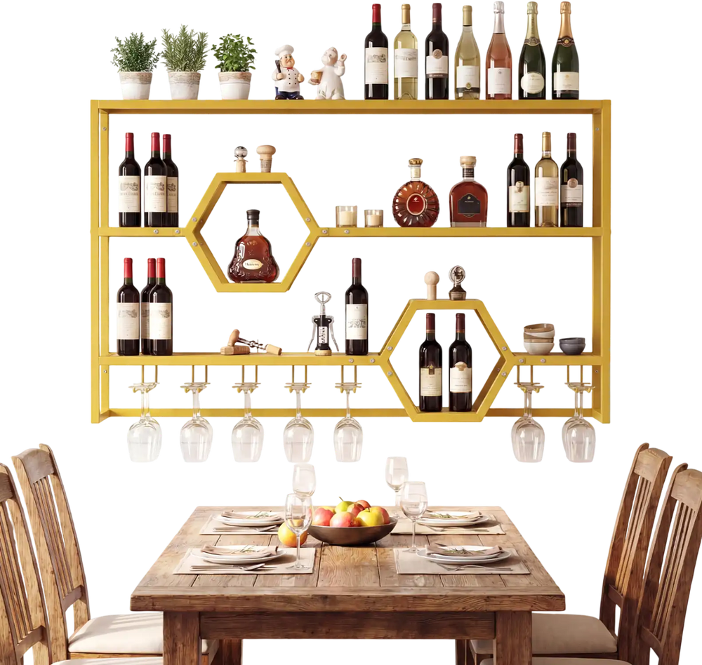 Wall-mounted wine rack in gold with 3 shelves and 2 honeycomb cubbies, ideal for stylish wine storage and display.