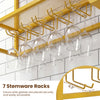 Wall-mounted wine rack with 7 stemware racks in gold, designed for easy access and stylish storage of wine glasses.