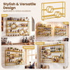 Large gold wall-mounted wine rack with three shelves and honeycomb cubbies, ideal for kitchen or bar storage.