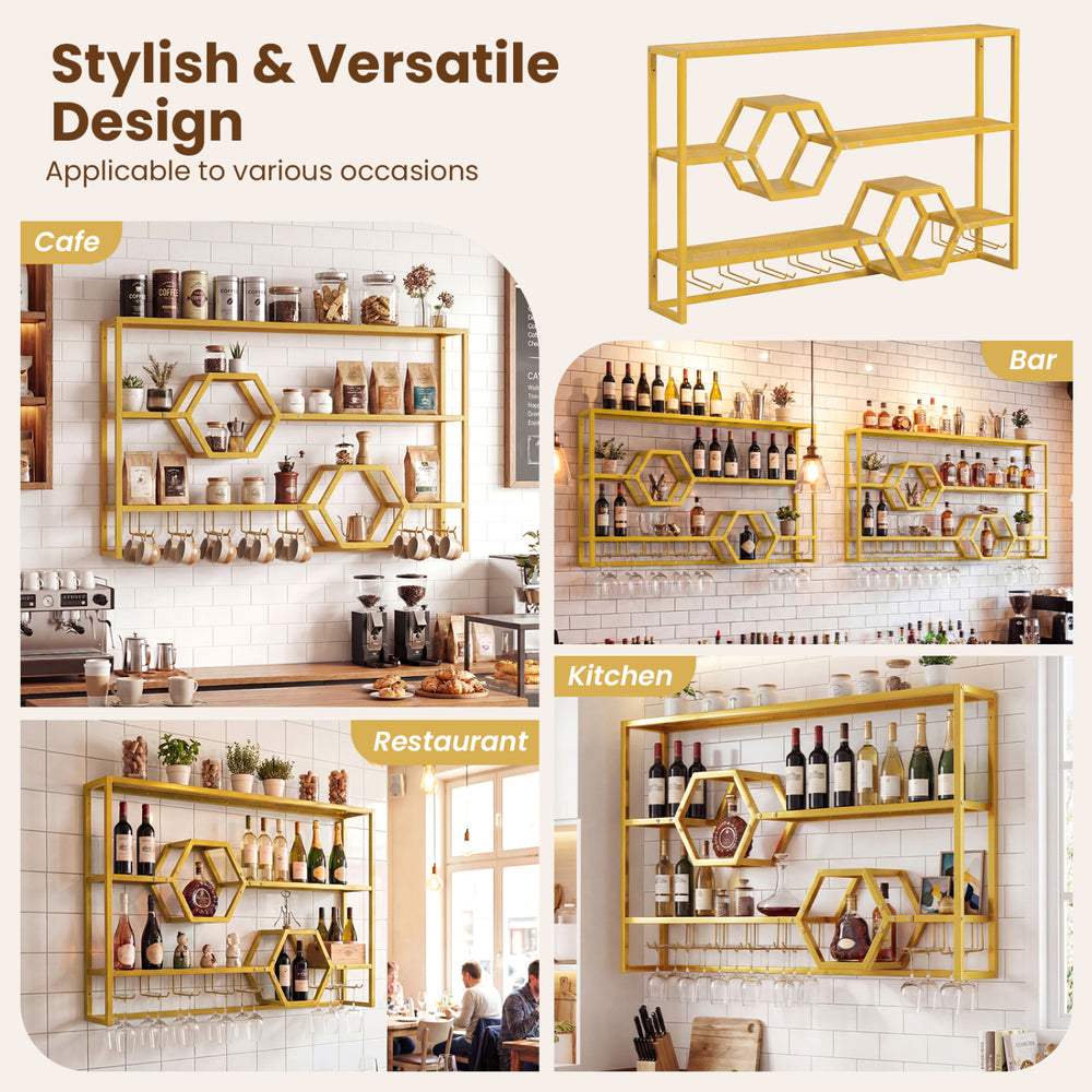 Large gold wall-mounted wine rack with three shelves and honeycomb cubbies, ideal for kitchen or bar storage.