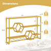 Dimensions of the gold wall-mounted wine rack with three shelves and two honeycomb cubbies for stylish storage.