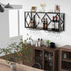 Wall-mounted wine rack displaying 39 bottles and 12 glasses, featuring a black metal frame and wood grain for kitchen.