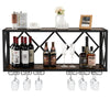 Wall mounted wine rack for 39 bottles and 12 glasses, featuring a black metal frame and wood grain finish, ideal for.