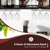 Wall-mounted wine rack with 6 rows for 12 glasses and space for 39 bottles, featuring a durable metal frame and wood.