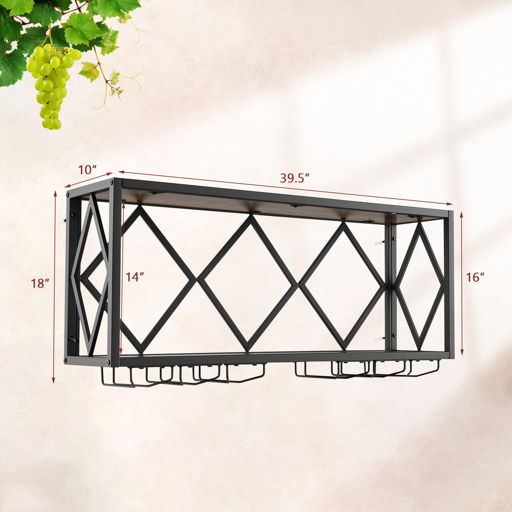 Wall mounted wine rack for 39 bottles and 12 glasses, featuring a black metal frame and wood grain design for stylish.