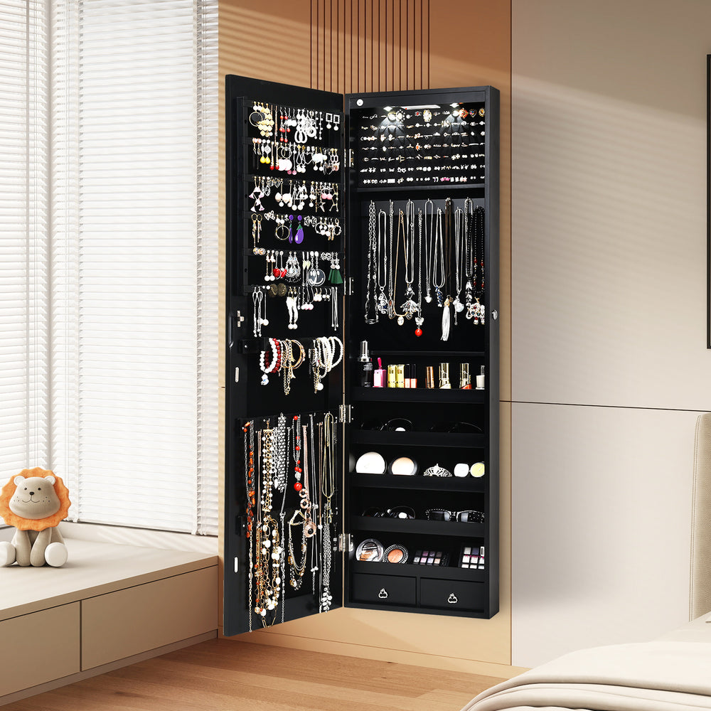Wall-mounted mirrored jewelry cabinet in black with LED lights, featuring spacious storage for necklaces, rings, and.