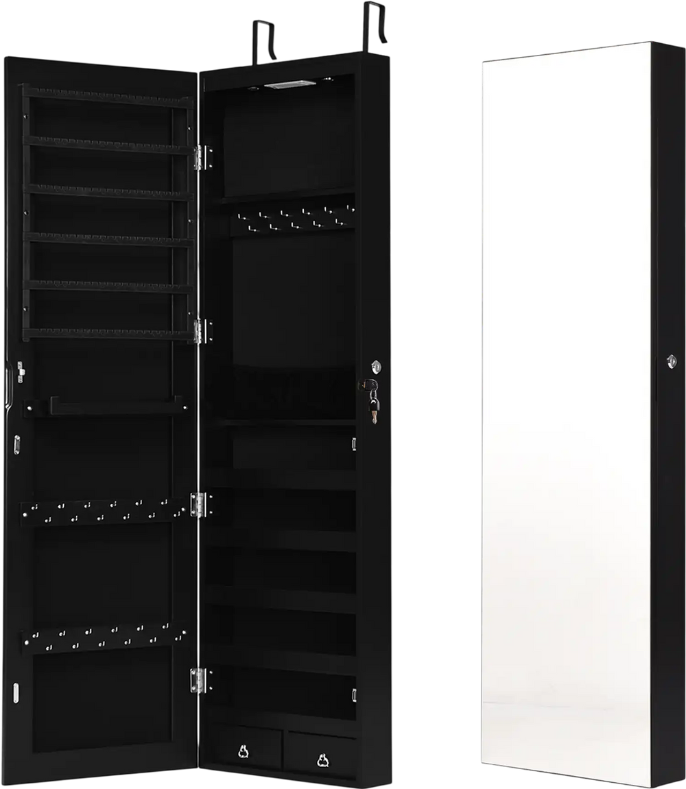 Black wall and door mounted mirrored jewelry cabinet with LED lights, featuring spacious storage and lockable design.