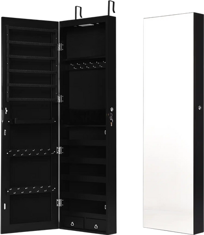 Costway Mirrored Jewelry Armoire Cabinet Wall/Door Mounted with Lights 06537491 New
