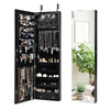 Mirrored jewelry cabinet in black with LED lights, featuring spacious storage for jewelry and a full-length mirror.