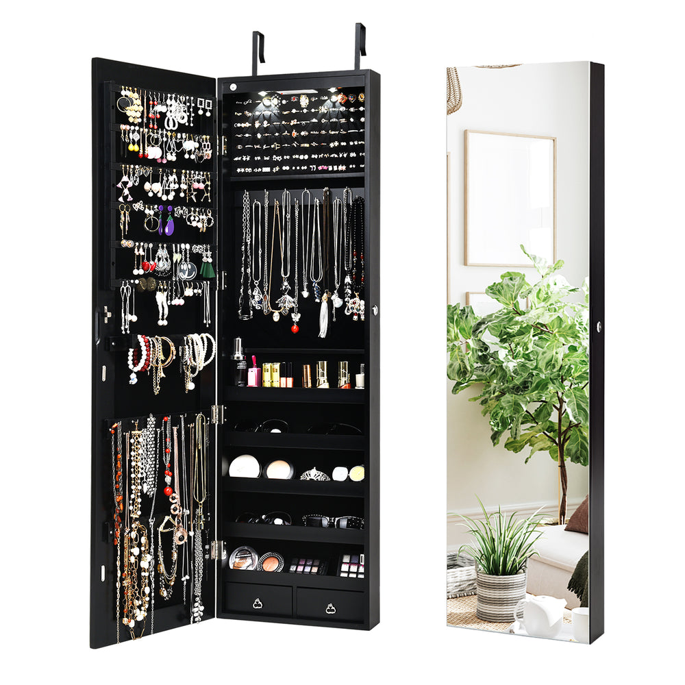 Mirrored jewelry cabinet in black with LED lights, featuring spacious storage for jewelry and a full-length mirror.