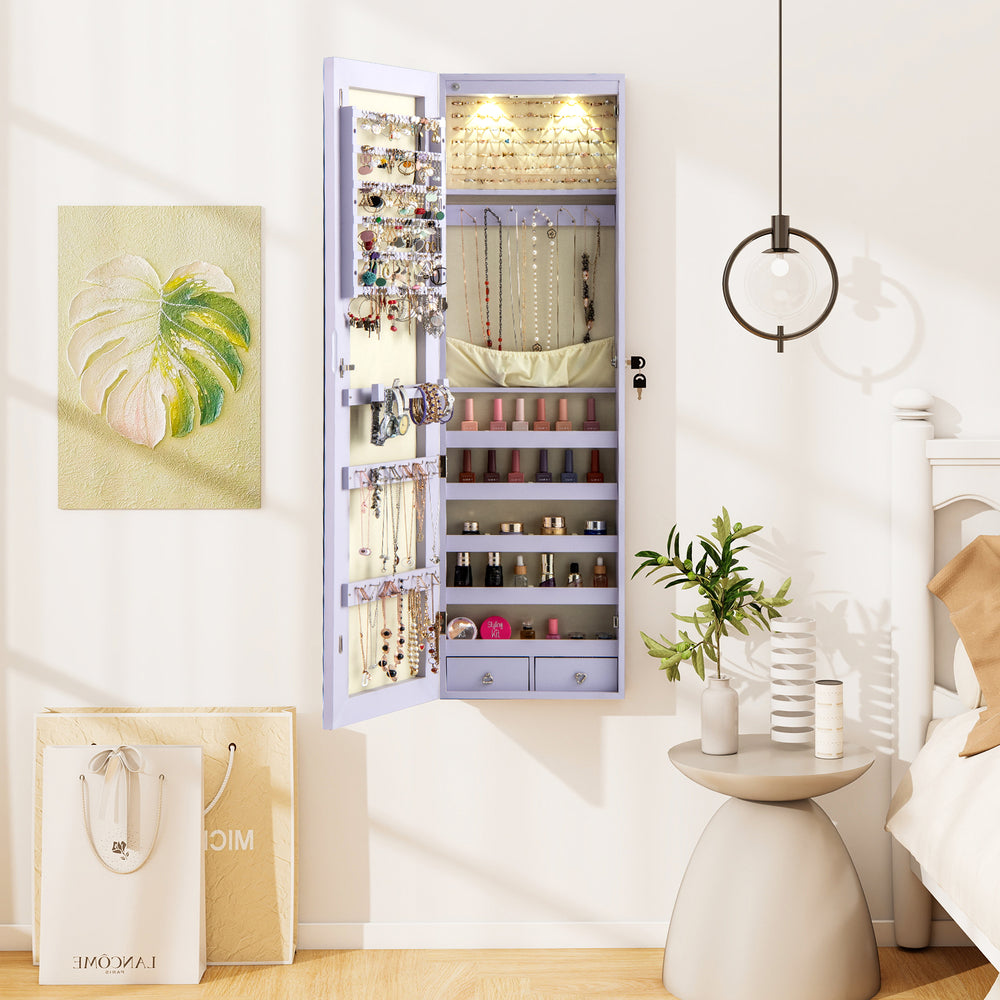 Wall and Door Mounted Mirrored Jewelry Cabinet with Lights-Purple - Gallery View 1 of 10